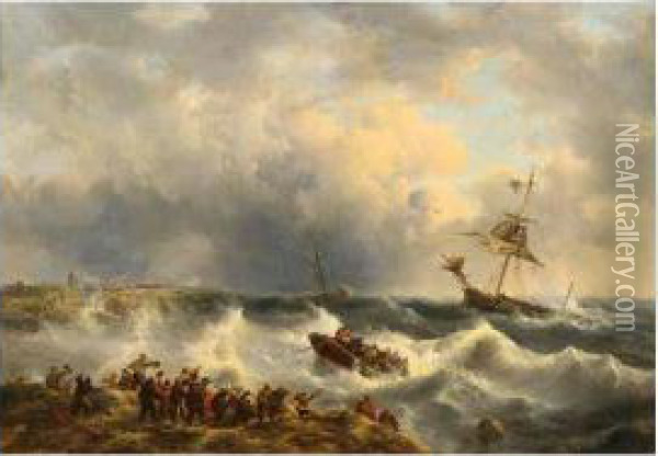 A Vessel At A Rough Sea Flanked By A Lifeboat Watched By Figures Standing At The Shore Oil Painting - George Willem Opdenhoff