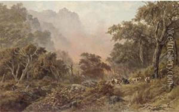 Bushfire; And Australian Landscape With Travellers Resting On A Track Oil Painting - James Waltham Curtis