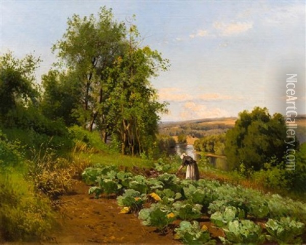 Tending The Garden, 1887 Oil Painting - Herman Gustav Simon