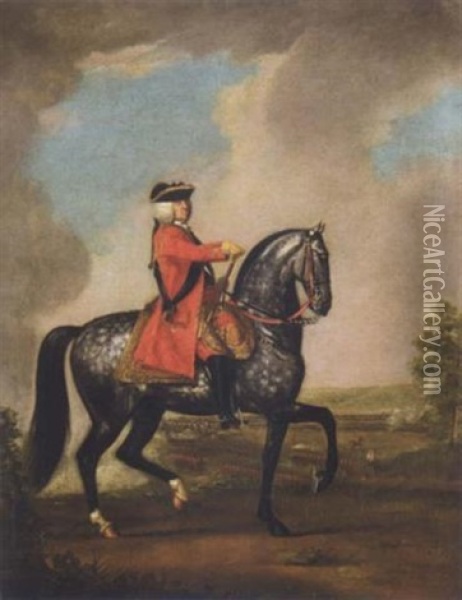 Equestrian Portrait Of King George Ii Mounted On His Grey Charger, The Battle Of Dettingen Beyond Oil Painting - David Morier