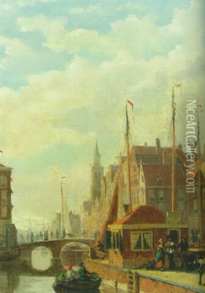 A View Of Meppel With Figures Standing Near A Tollhouse Oil Painting - Johannes Frederik Hulk the Elder