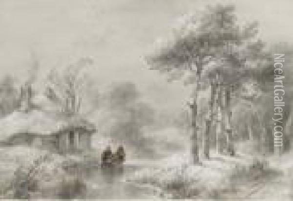 A Wooded Winter Landscape With Figures By A Cottage Oil Painting - Andreas Schelfhout