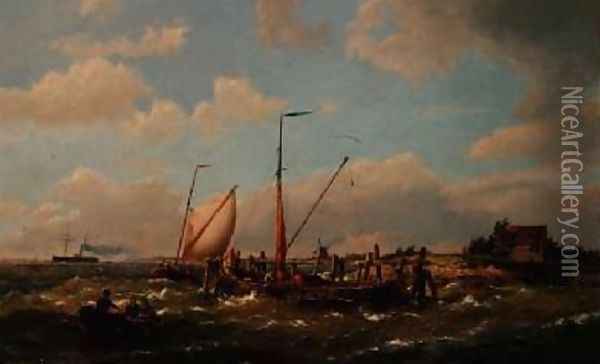 Fishing Vessels in an estuary Oil Painting - Hermanus Koekkoek