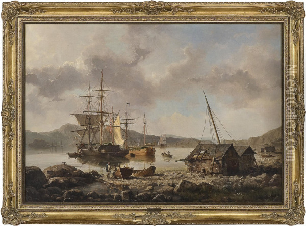 At A Norwegian Harbour Oil Painting - Johan Jacob Bennetter