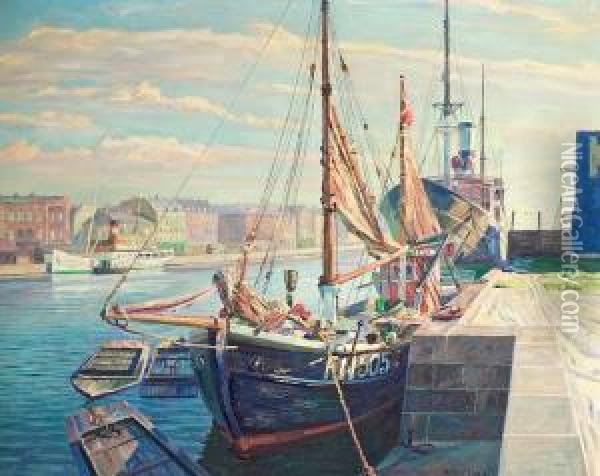 A Copenhagen Canal Scenery. Signed Robert Pan. 41 Oil Painting - Robert Panitzsch