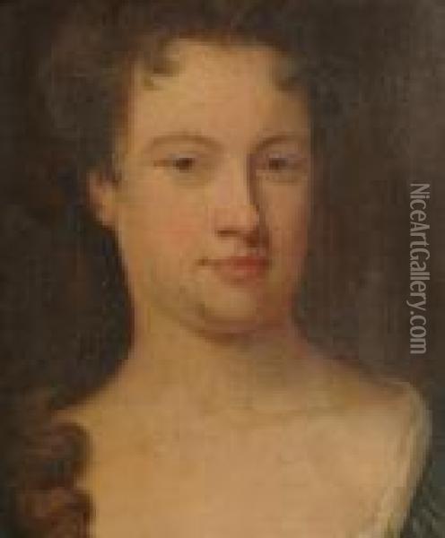 Portrait Believed To Be Of Anne 
Oldfield, Head And Shoulders, Wearing A Blue Dress Edged In White Oil Painting - Michael Dahl