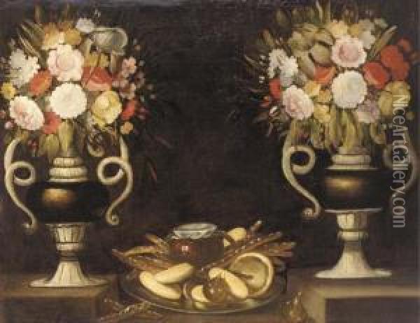 Mixed Flowers In A Pair Of Urns,
 Bread, A Jug Of Wine And Figs On A Silver Dish On A Ledge Oil Painting - Tomas Hiepes
