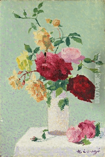 Bouquet De Roses Dans Un Vase Sur Un Entablement Oil Painting - Achille Lauge
