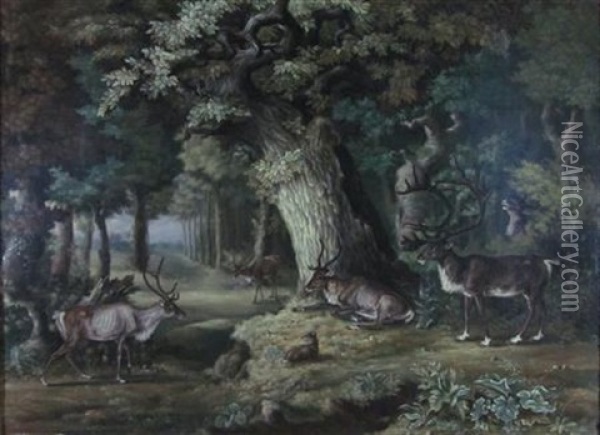 Stags In A Forest Oil Painting - Philipp Reinagle