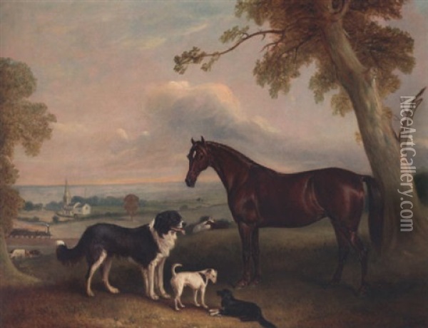 A Bay Pony And Three Dogs, The Property Of William Brevitt, Esq., In An Extensive Landscape, A Steam Train And Two Churches In The Distance Oil Painting - John E. Ferneley