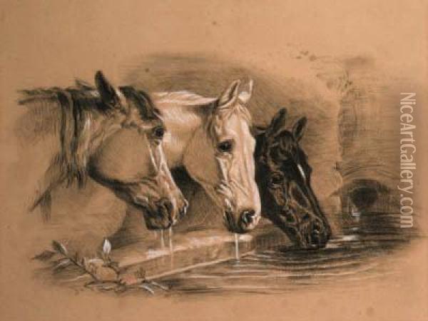 Three Horses Drinking, A Head Study Oil Painting - John Frederick Herring Snr