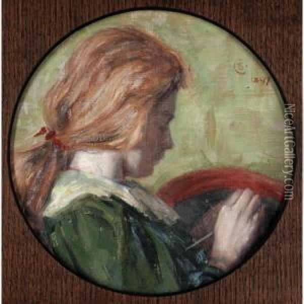 Girl Embroidering Oil Painting - Charles Haslewood Shannon