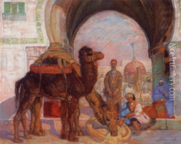 Les Chameaux Devant Kairouan Oil Painting - Anna Morstadt