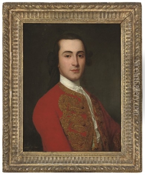 Portrait Of A Gentleman, Bust-length, In A Red Coat With Gold Embroidery Oil Painting - Giorgio Domenico Dupra