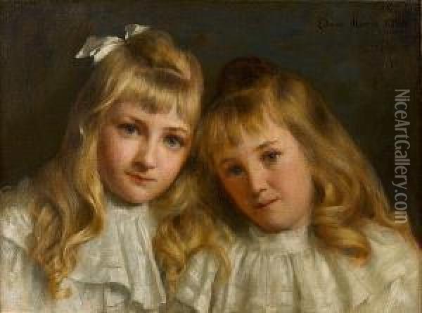 Portrait Of Two Young Girls Oil Painting - Edwin Harris