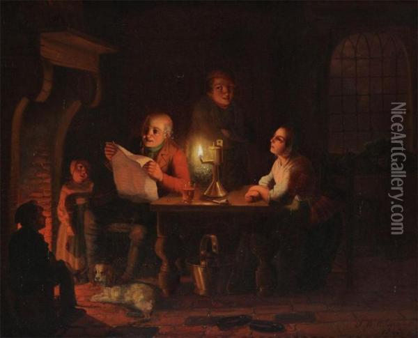 Interior With Figures At A Table By Candlelight Oil Painting - Johann Mongels Culverhouse
