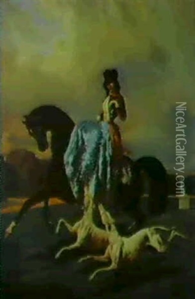 Amazone Et Deux Levriers Oil Painting - Alfred De Dreux