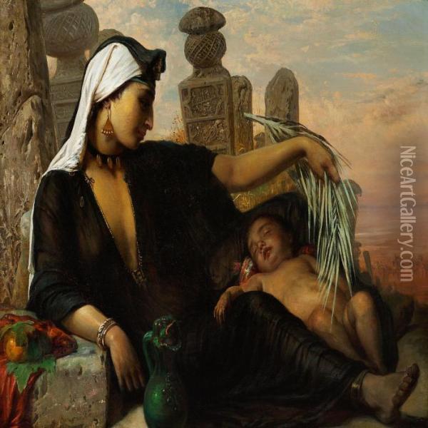 A Fellah Woman And Her Baby Are Taking A Rest In The Midday Heat Oil Painting - Anna Maria Elisabeth Jerichau-Baumann