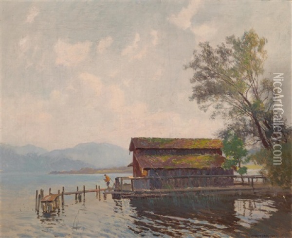 Bootshaus An Einem See Oil Painting - Anton Hans Karlinsky