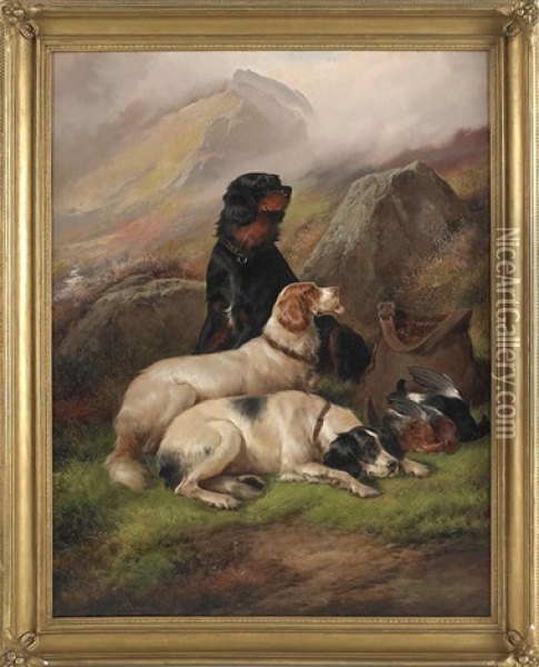 Landscape With Three Hunting Dogs And Fowl Oil Painting - John Gifford