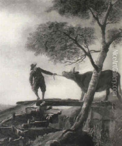 A Peasant Leading A Cow Over A Bridge Oil Painting - Albert Jansz Klomp