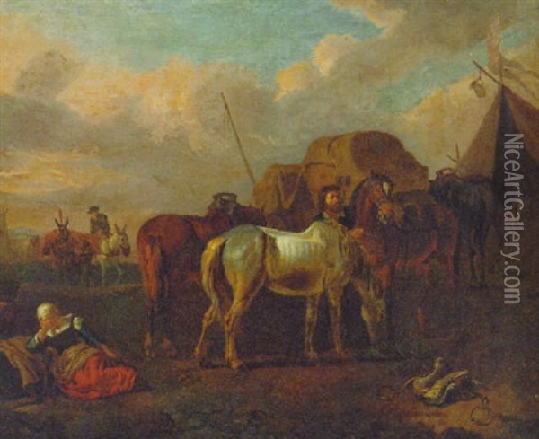 A Groom Unsaddling Horses In An Encampment Oil Painting - Pieter van Bloemen
