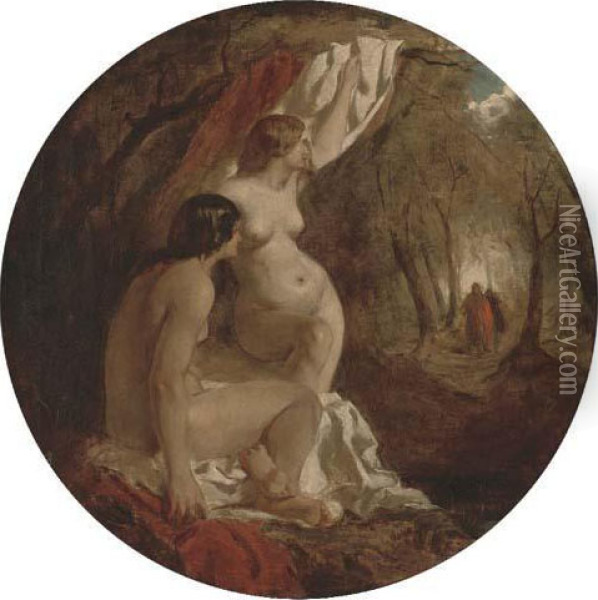 Two Female Nudes In A Wood Oil Painting - William Etty