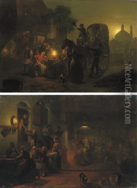 Dancing In The Tavern (+ Outside The Tavern; Pair) Oil Painting - Jan Hendrik van Grootvelt
