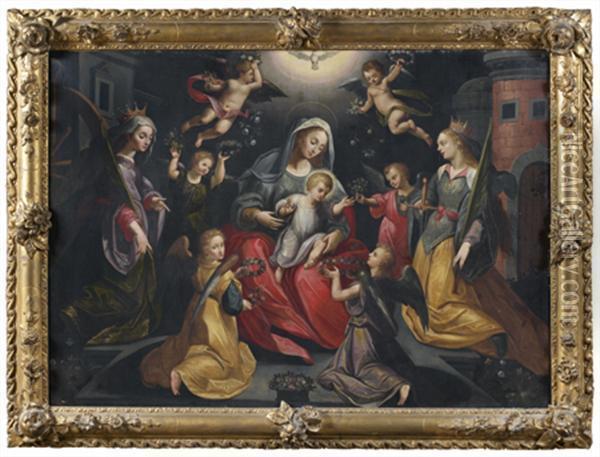 Vierge A L'enfant Entouree De Sainte Catherine D'alexandrie, Sainte Barbe Et Des Anges Oil Painting - Maarten de Vos