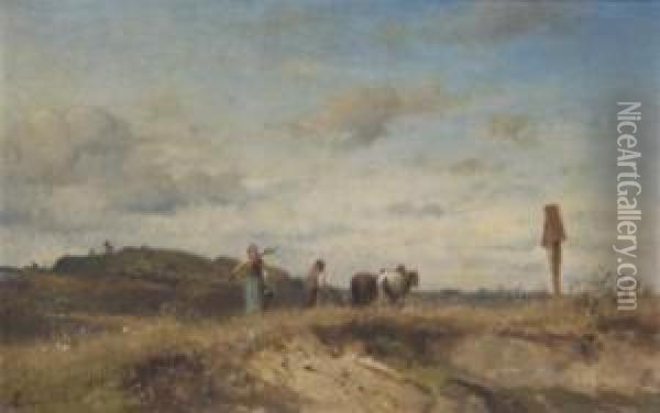 Landscape With Figures And Cow Oil Painting - Adolf Heinrich Lier