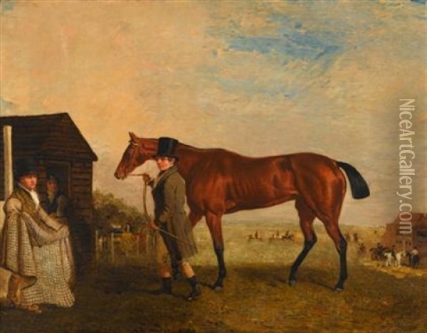 Pastime A Bay Filly, Led By One Of Her Trainers, With A Groom In Attendance Oil Painting - Benjamin Marshall