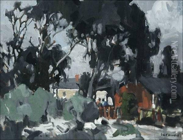 Houses In Eucalyptus Landscape S L/r: Geo. K. Brandriff O/cboard 14x18 Est:$3000/4000 Provenance: Private Collection, Thousand Oaks, Ca Oil Painting - George Kasson Knapp