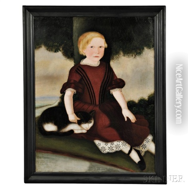 Portrait Of A Blond Child In A Dark Red Dress With A Cat Oil Painting - Susan Catherine Waters