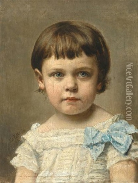 Portrait Eines Kleinen Madchens Mit Weisem Spitzenkleid Und Blauer Schleife Oil Painting - Wilhelm Kuehling