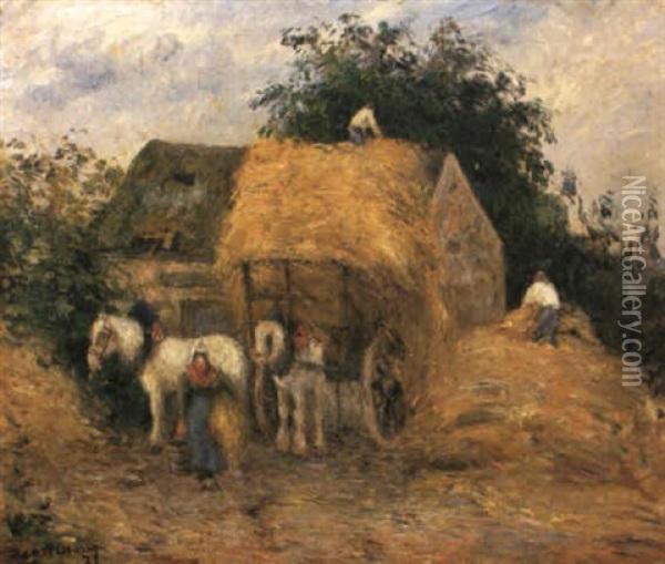 La Charrette De Paille, Montfoucault Oil Painting - Camille Pissarro