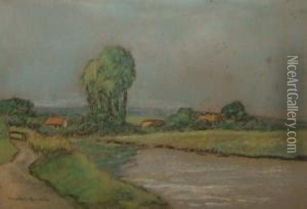 River Landscape With Cottages Oil Painting - Donald Maxwell