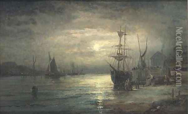 Shipping on the Medway by moonlight Oil Painting - William A. Thornley or Thornbery