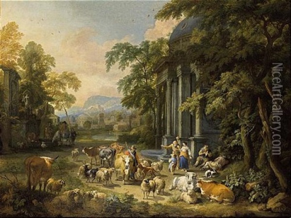 A Classical Wooded Landscape With Herdsmen Tending Their Cattle Near A Roman Temple, A City Beyond Oil Painting - Pieter Bout