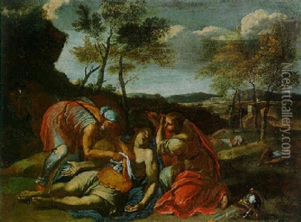 Tancred And Erminia Oil Painting - Nicolas Poussin