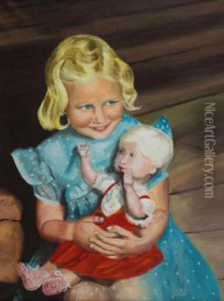 Girl With Wooden Doll Oil Painting - Christian V. Nielsen
