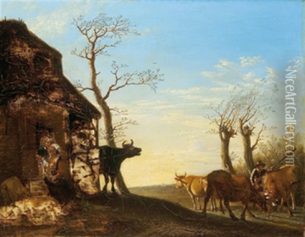 Der Morgen (after Paulus Potter) Oil Painting - Friedrich Gauermann