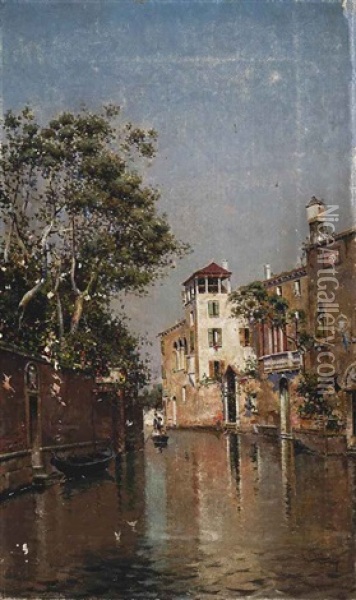 A Gondola Ride On A Venetian Backwater Oil Painting - Antonio Maria de Reyna Manescau