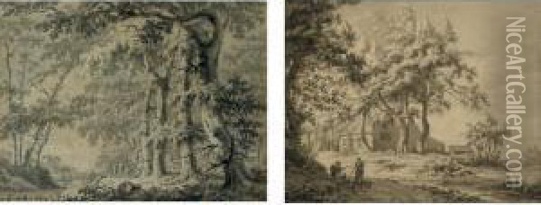 A Pair Of Drawings: Two Women On A Road Before A Farmhouse; And Four People Before A Cottage In The Woods Oil Painting - Paulus Van Liender