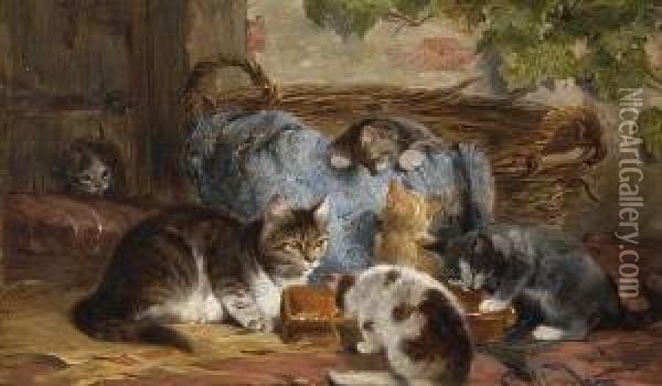 Katzenmutter Mit Ihren
 Jungen Oil Painting - Julius Adam