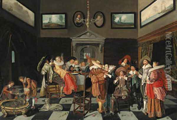 Elegant company making music and carousing in an interior Oil Painting - Dirck Hals