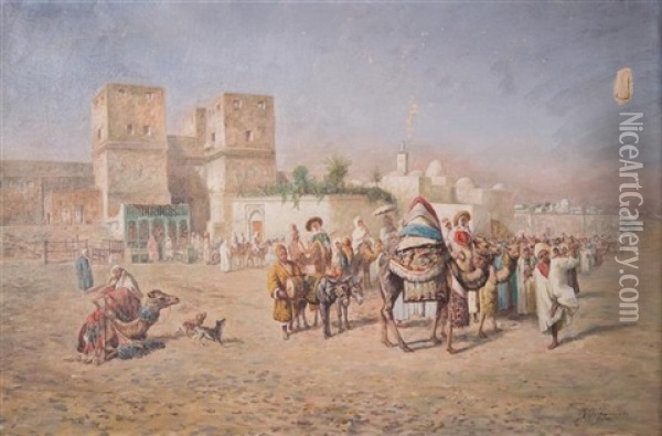 Devant La Port De Bab Al Nasr, Le Caire Oil Painting - Mariano De Franceschi