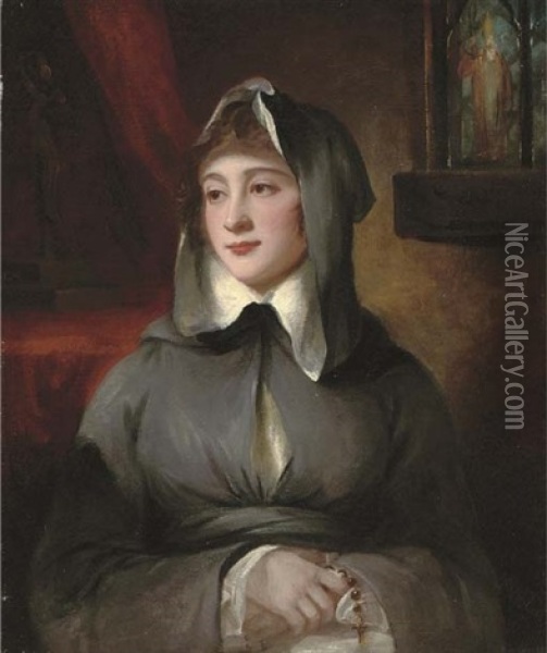Portrait Of A Madame Larcena, Half-length, In Nun's Habit, Holding A Rosary Oil Painting - George Romney