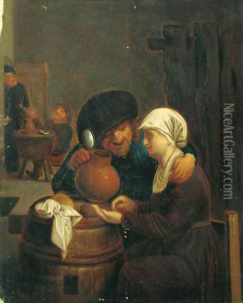 A boor with a serving girl in a tavern interior Oil Painting - Adriaen Brouwer
