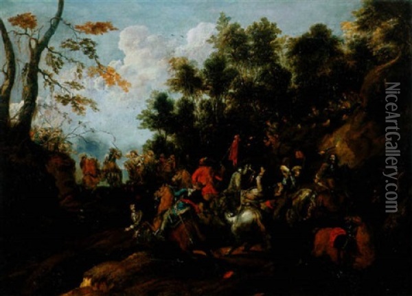 Brigands Attaquant Une Troupe Militaire Oil Painting - John Faber the Elder