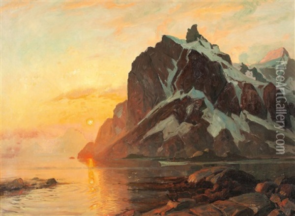 Midnattsol Lofoten (midnight Sun In Lofoten) Oil Painting - Thorolf Holmboe
